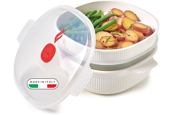 Snips - Cuiseur Vapeur Micro Onde Blanc 4L avec 2 Plateaux pour Cuit Vapeur, Boîtes Alimentaires Micro Ondes avec Couvercle - Récipient Alimentaire pour Cuisson Rapide, 26.5x22x13.5 cm, Made in Italy