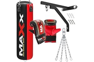 MAXX PRO BOXING GEAR Maxx Black and Red 3ft 4ft 5ft 6ft Filled Hanging Boxing Punch Bag Set Heavy Punching bag