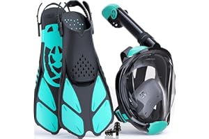 Lealinga Snorkel Set Adults Full Face Snorkel Mask with Flippers, Snorkeling Mask & Swim Fins, Panoramic View Snorkel Mask Fins Anti-Fog Anti-Leak Foldable Design with Carrying Bag