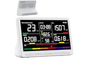 bonoch Monitor de Calidad del Aire 16 en 1 para Interiores con Pantalla de 7" – 9 AQI + 7 Alertas AQI – Medidor de CO2, TVOC, PM2.5, PM1.0, PM10, HCHO, Temperatura, Humedad, AQI y Hora – Para Hogar