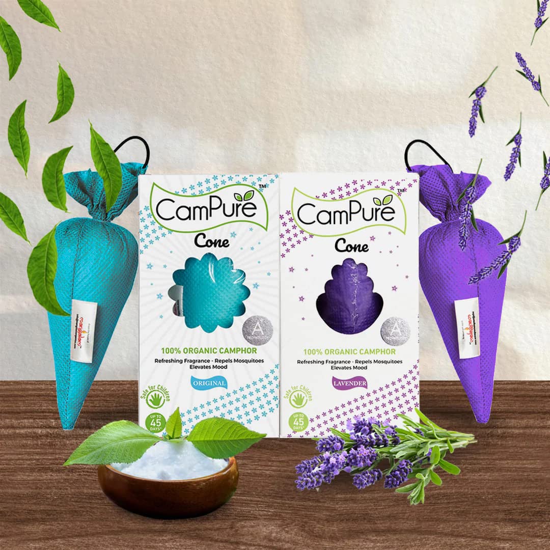 CamPure Camphor Cone (Original + Lavender) Pack Of 2 - Room, Car and Air Freshener & Mosquito Repellent