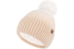 Bequemer Laden Bonnet d'hiver Femme - Bonnet Beanie Chaud Tricoté Doublé de Polaire avec Pompon, Cadeau Femme de Noël