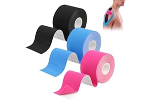 UKOFEW Kinesiology Tape, Kinesiology Tape, Sports Tape, Blue/Pink/Black, Waterproof, for Sports, for Knee, Shoulder and Elbow, Muscle Firming Bands, 3 Rolls (5 m x 5 cm)
