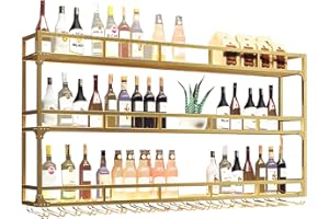 RAJYQODIS Estante para vino montado en la pared, soporte industrial para copas de licor de 3 niveles, estante colgante de metal para exhibición de botellas de vino, decoración para el hogar, bar (or, 100cm)