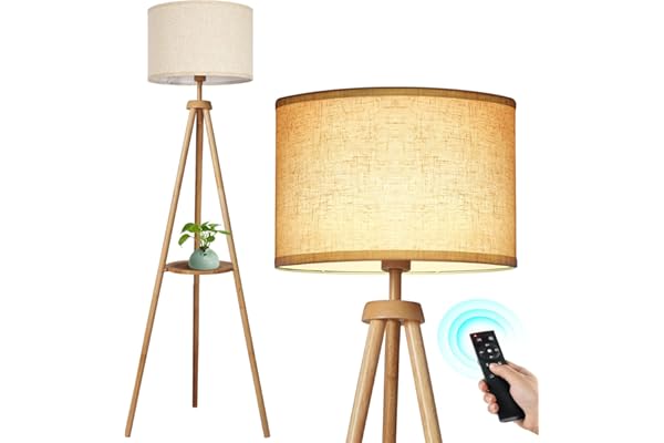 OUTON Lampadaire Trépied avec Étagères, Lampadaire Moderne LED Dimmable avec Télécommande, 4 Températures de Couleur, Lampe sur Pied en Bois avec Abat-jour en Lin Beige pour Salon, Chambre à Coucher