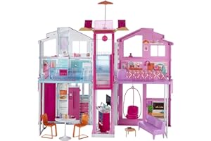 Barbie Mobilier Grande Maison de poupée de Luxe à 2 étages et 4 pièces dont cuisine, chambre, salle de bain et accessoires, jouet pour enfant, DLY32