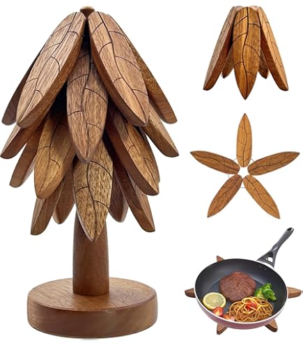 Dessous De Plat En Bois 2024 Pour Plats Chauds, Dessous De Plat Pliable En Forme D'arbre Pour Plats Chauds, Bols, Théières, Casseroles Chaudes (noyer-A-4 Niveaux