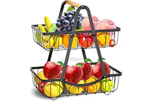 GOLDFOX 2-poziomowy kosz na owoce, etażerka, metalowy czarny z drewnianym uchwytem, dwupoziomowy kosz na owoce, warzywa, przekąski, chleb, zdejmowany uchwyt na owoce