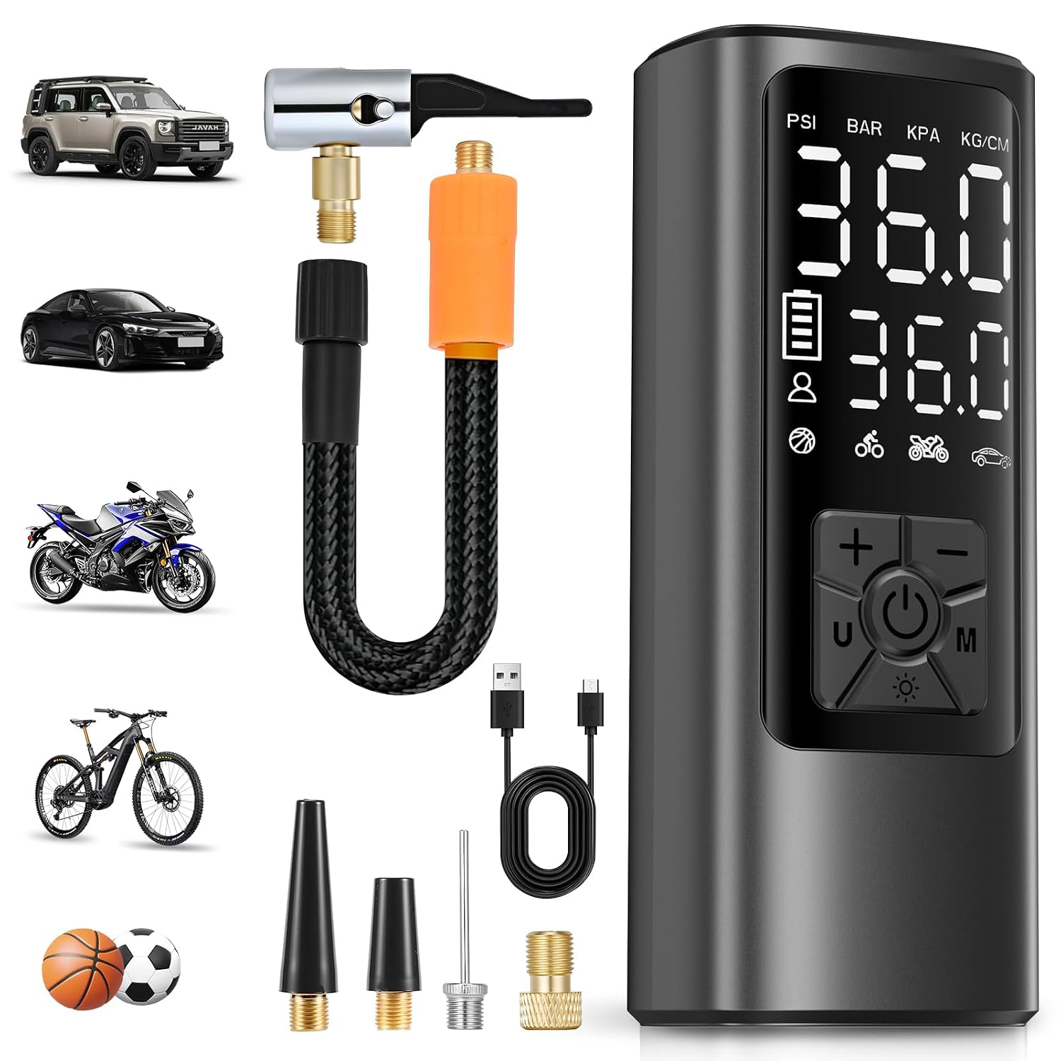 HOVVIDA Compressore Aria Portatile, Compressore Portatile, Compressore Portatile Moto, 150 PSI (10,3 Bar) 5V, Inflazione Rapida, Spegnimento Automatico, LED, per Auto, Moto, Bicicletta, Palla