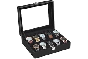 SONGMICS Watch Box with 10 Slots, Watch Case with Glass Lid, Watch Display Box with Removable Watch Pillows, Metal Clasp, Gift Idea, Black Synthetic Leather, Black Lining JWB010B02