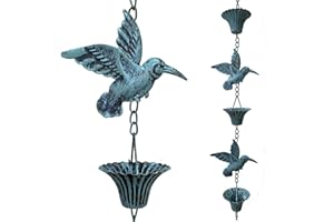 Aifeorzo Rain Chain 8.5FT, Hummingbird and Cup Rain Chains for Gutters, Functional Replacement for Downspout, Metal Rainwater Catcher Chain, Outdoor Garden Decor, Antique Blue
