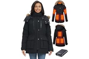 GOTOBI Veste Chauffante Femme Avec Batterie Incluse de 18400 Mah 12v, 8 Zones de Chauffage,Parka Longue Femme chaud et imperméable à capuche amovible en fausse fourrure