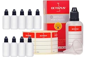 Octopus 10 x 50 ml butelki na płyny z lejkiem + etykiety, np. na e-liquidy + e-papierosy, butelki z tworzywa LDPE, butelki do dozowania płynów, butelki z kroplomierzem lub butelki z wyciskaczem + czarne wieczka