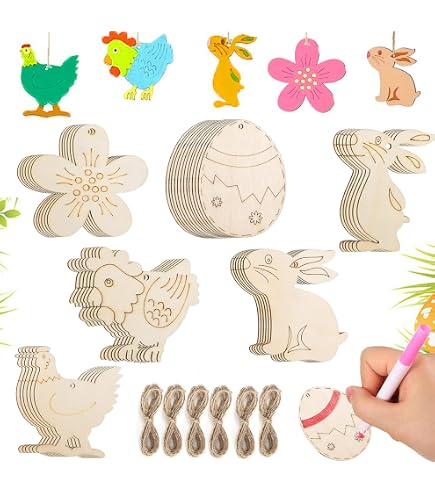 Ornements De Pâques Qooloo - 60 Pièces En Bois - Lapins, œufs, Fleurs - Kit Bricolage Pour Enfants Et Adultes
