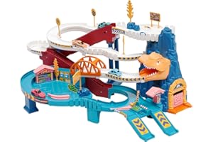 HOMCENT Pista Macchinine Giocattolo, Giochi per Bambini auto giocattolo avventura dinosauro Climbing Hills camion con 4 auto veicoli colorati