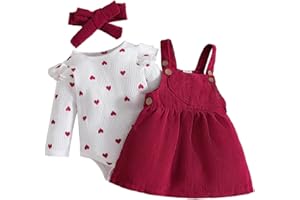 LUVCES Neonata Bambina Gonne Set Autunno Manica Lunga con Cuore Top + Velluto a Coste con Bretelle Abito+ Fascia per Capelli Abiti 3Pcs San Valentino Completo