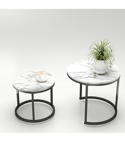 Set Di 3 Tavolini Bassi Sovrapponibili - Design Moderno Con Piano In Effetto Marmo E Struttura In Metallo