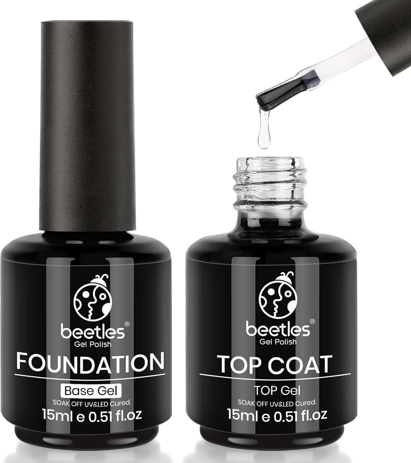 Beetles Gel Polish 2x15ML No Wipe Top and Base Coat Set - Shine Finish and Long Lasting Soak Off LED Nail Lamp Gel Base Top Coat Finish Nail Art Design Manicure for Girls