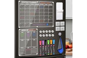 LISSCHANN Acrylic Magnetic Calendar for Fridge, 2 Pcs Clear Monthly & Weekly Planner Dry Erase Planning Board for Refrigerator, W/ 6 Chalk Markers, Pen Holder, Adhesive Wall Screws and Towel
