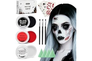 Mexlyca Halloween Effects Makeup Kit, Red Black White Face Paint Makeup, Makeup with Tri-color makeup Tattoo stickers Makeup sponges Makeup brushes, Perfect for Halloween Zombie Vampire Skeleton