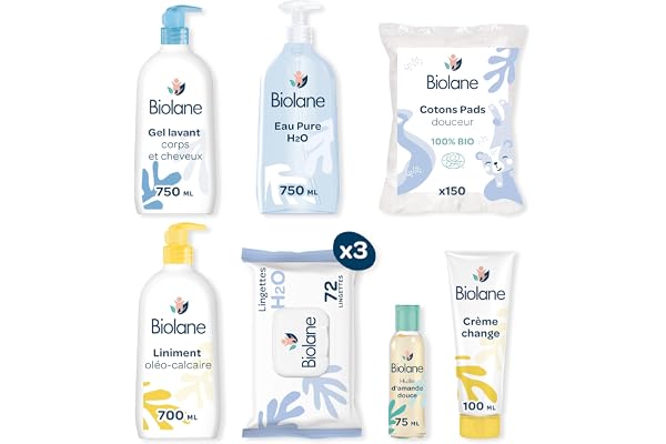 BIOLANE - Kit Naissance Premiers jours - Bébé - 216 Lingettes - Eau pure - Gel Lavant - Liniment - Crème change - Coffret Bébé - Peaux Sensibles - Dès la naissance