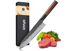 oFuun Couteau Japonais Damas, 20cm Couteau de Kiritsuke Professionnel, Couteau Cuisine en Acier à Haute Teneur en Carbone VG10, Manche en Bois de Rose et Coffret Cadeau