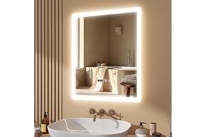 ‎YOURLITE YOURLITE Badspiegel mit LED Beleuchtung 50x60cm, Badezimmerspiegel mit Touchschalter, Spiegel Bad Wandspiegel mit Uhr und Temperaturanzeige, 3 Lichtfarben Dimmbar, Beschlagfrei, Speicherfunktion IP44