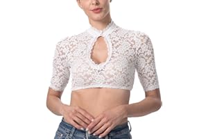 Dirndlparty Dirndlbluse Spitze, Trachtenbluse Damen Halbarm Dirndl Blusen Hochgeschlossen Mandarinkragen Creme Traditionell Bluse für Dirndl Oktoberfest
