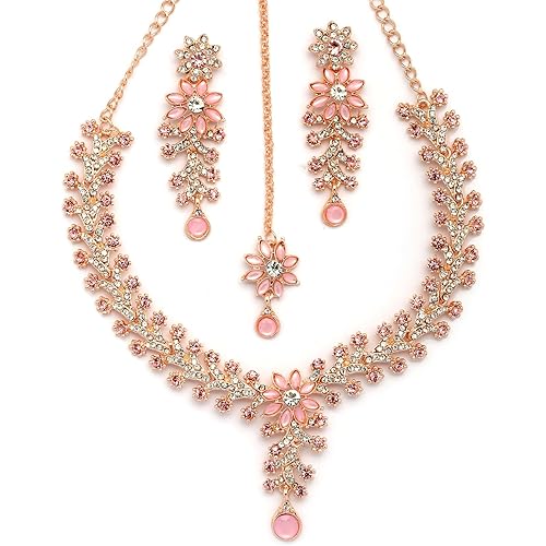 Sukkhi Charming AD Diamonds Studded Floral Choker Necklace with Danlge Earrings Maangtikka Jewellery Set for Women & Girls
