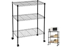 Karl home 3-Tier Wire Wheel Shelving Unit, Adjustable Shelves and Universal Caster Feet, 60 x 35 x 85 cm Black, Suitable for Bedroom, Kitchen, Living Room, Bathroom