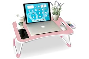 unycos - Bandeja para Cama, Mesa Plegable de Desayuno, Ideal para Portátil, Ordenador y Libros, Ergonómica, Mesa Auxiliar con Atril para Leer en la Cama 60x40x26 cm (Rosa con Cajón)