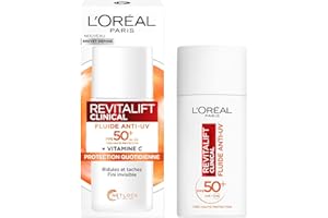 L’Oréal Paris - Fluide Anti-UV FPS 50+ Vitamine C + Vitamine E + Acide Hyaluronique - Taches, Rides & Teint Irrégulier - Fini Invisible - Protection UVB & UVA longs - Revitalift Clinical - 50 ml