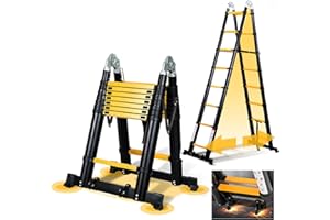 Ikodm Escalera telescópica Plegable de Aluminio 5M(2.5+2.5), Escalera Extensible de Aluminio, Antideslizante de 150 kg, Negro y Amarillo