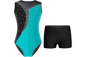 TTAO Kinder Mädchen Ärmellos Gymnastikanzug mit Strassstein Training Leotard mit Shorts Turn Set Gymnastik Training Dancewear Gymnastikbody
