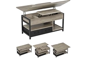 KIMENICH Table Basse Relevable, Table à Manger avec Plateau Pliant, avec 2 Tiroirs, avec Étagère de Rangement et Compartiment Caché, Tables Basse Extensible 3 en 1 pour Salon, Bureau (Gris)