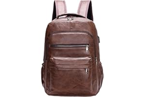 Perfeclan Sac à Dos Ordinateur Portable en Cuir PU, Sac à Dos de Voyage Imperméable avec USB Charging Port, Sac à Dos Décontracté Sac à Main Résistant à L'usure Pochette Confortable Sac à Dos, CAFÉ