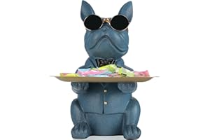 QIANLING Vassoio Bulldog Francese Blu Statua-Con Vassoio In Acciaio Inossidabile, Caramella Chiave Vassoio Portaoggetti Salvadanaio Camera Da Letto Decorazione Tavolo D'ingresso