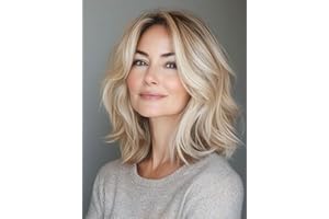 Webshaiy Platinum Blonde Perücke Damen Schulterlange Lockige Gewellte Gestufte Bob Perücke mit Pony, Echter Spitzenkopfhaut Synthetische Perücken für Dünnes Haar/Grauabdeckung Täglichen Gebrauch