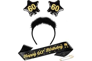 TUZELIYA 60 Geburtstag Frauen Männer - 60. Geburtstag Kopfschmuck mit Geburtstagsgürtel, Anstecknadel - Haarschmuck Glitter Schärpe für Birthday Party Dekorationen