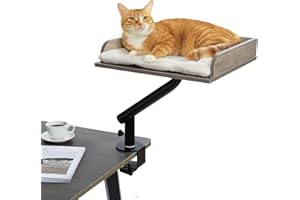 PAWZ Road Cat Desk Bed for Indoor Cats, Wooden Cat Bed for Desk Supports Up to 50 lbs, 360° Rotation & Adjustable, Hammock Nest for Desktop Office, Grey