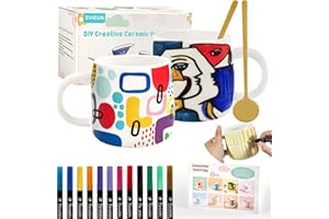 EVIEUN Keramik Bemalen Set Weiße Tassen Bemalen Set,Mit 2 Tassen 400ml,12 Malstiften und 2 Löffeln,Kreativität im Haushalt,Erwachsene DIY Becher Handwerk Bastelset