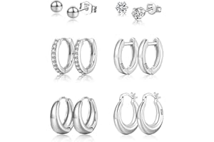 KENIY Ohrringe Silber 925,6 Paar Creolen Silber 925 und Ohrstecker Ohrringe Set für Damen Hypoallergen Knorpel Huggie Creolen Silber Kleine und Kugel Zirkonia Ohrstecker Silber für Mehrere Ohrlöcher