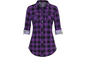 DJT Womens Soft Stretchy Knit Checked Shirts Roll Up Long Sleeve Button Down Collared Ladies Blouses Work Tops