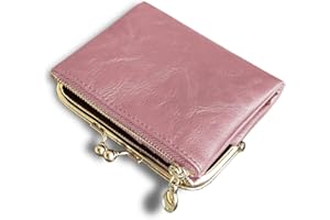 AOXONEL Womens Wallet Small RFID Ladies Compact Bifold Leather Vintage Coin Purse with Zipper and Kiss Lock - Pink - S