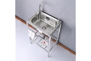 KUKIXO Spüle Edelstahl,Edelstahl Waschbecken für den Außenbereich,Outdoor Garage Garten Camping Keller Ausgussbecken mit Backsplash Abfluss Sieb,Spülbecken mit Warm Kaltwasserhahn (Color : Single Cold, SI