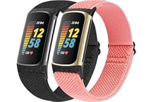 Vodtian Elastic Straps Compatible with Fitbit Charge 5 Strap, 2 Pack Stretchy Adjustable Nylon Loop Braided Replacement Sport Wristband for Charge 5 Activity Tracker Women Men