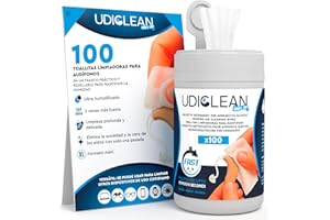 UDIVITA 100 Toallitas para Audífonos Limpiadoras y Humedecidas Udiclean - Tarro Resellable Mantiene Humedad - Toallitas Formato Maxi y Resistentes Limpieza Delicada Exprés