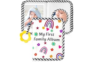 BOHEMIABY Bio-Baumwolle Baby Fotoalbum Stoff | mit Latex-Anhänger und Sicherheitsspiegel als Erinnerungsalbum | Unterbringen 10x15 cm Foto| Fotoalbum Junge Mädchen Baby Geschenk (Regenbogen)