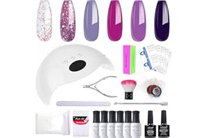 HNM GEL POLISH HNM 6 Colors Gel Nail Starter Kit with 48W LED Curing Lamp Base and Top Coat UV LED Soak Off Nail Polish Remover Wrap Manicure Tools Gift Set, Purple Gel Polish Full Set For Beginners DIY at Home