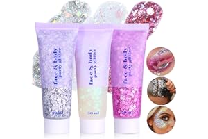 Prreal Body Glitter Gel 3 bottiglie, Face Glitters Body Sequins Shimmer Liquid Eyeshadow, Chunky Glitter for Face Hair Nails, Olographic Cosmetic Laser Polvere Glitter Makeup #White+Sliver+Rosa